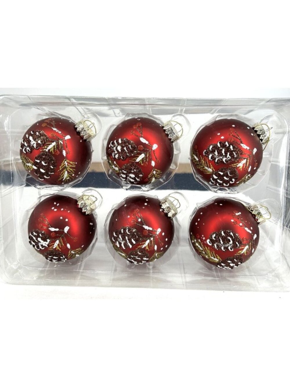 Kurt Adler Pinecones Glass Ball 6 pc Ornaments 3" Diameter Red Brown Textured